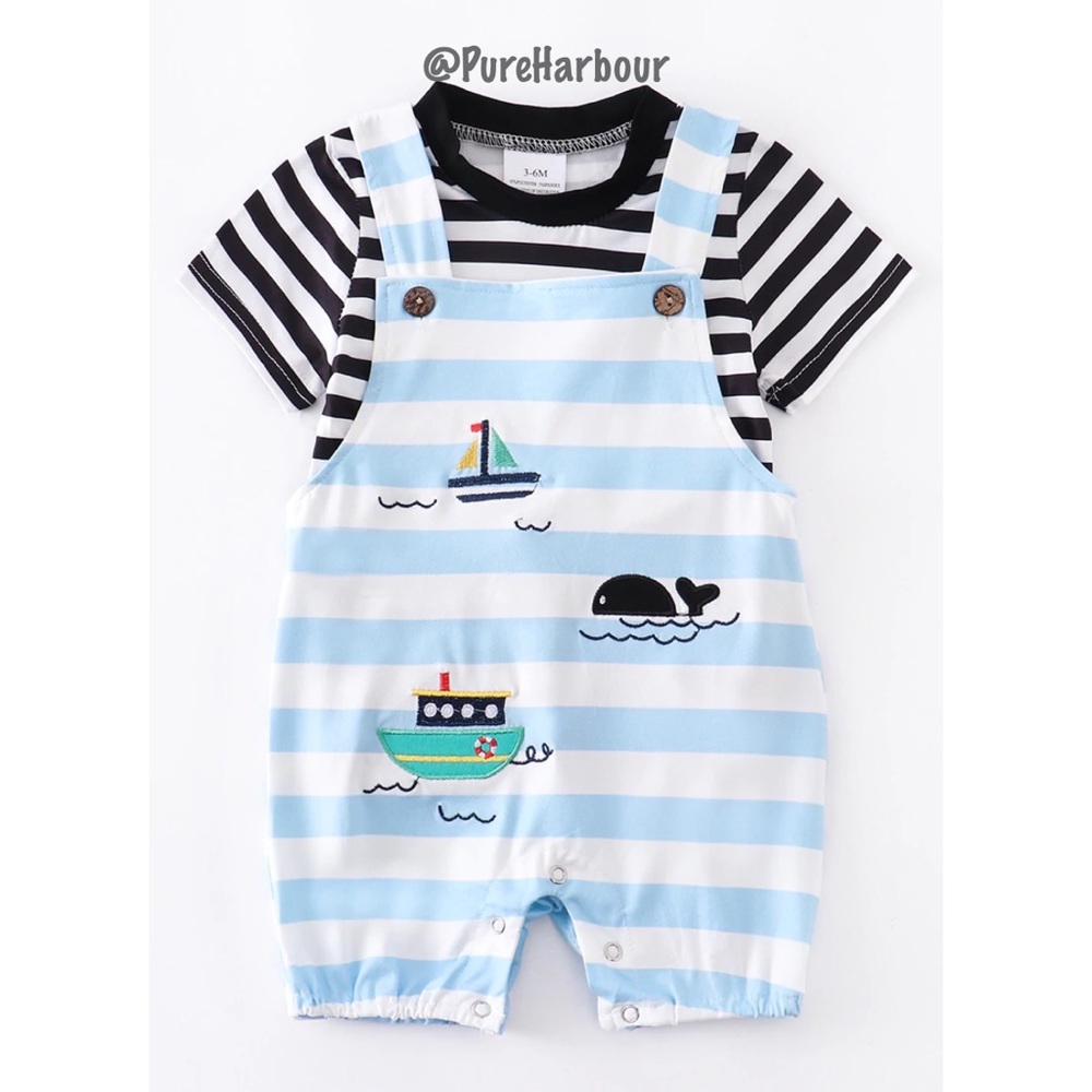 Blue Striped Embroidered 2-piece Overall Set for Boys